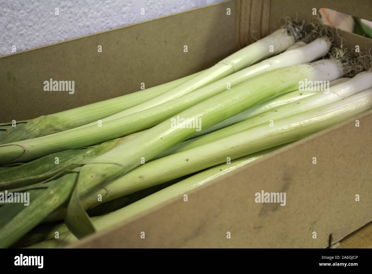 Leeks in natural greengrocers, organic farming, vegetables Stock Photo