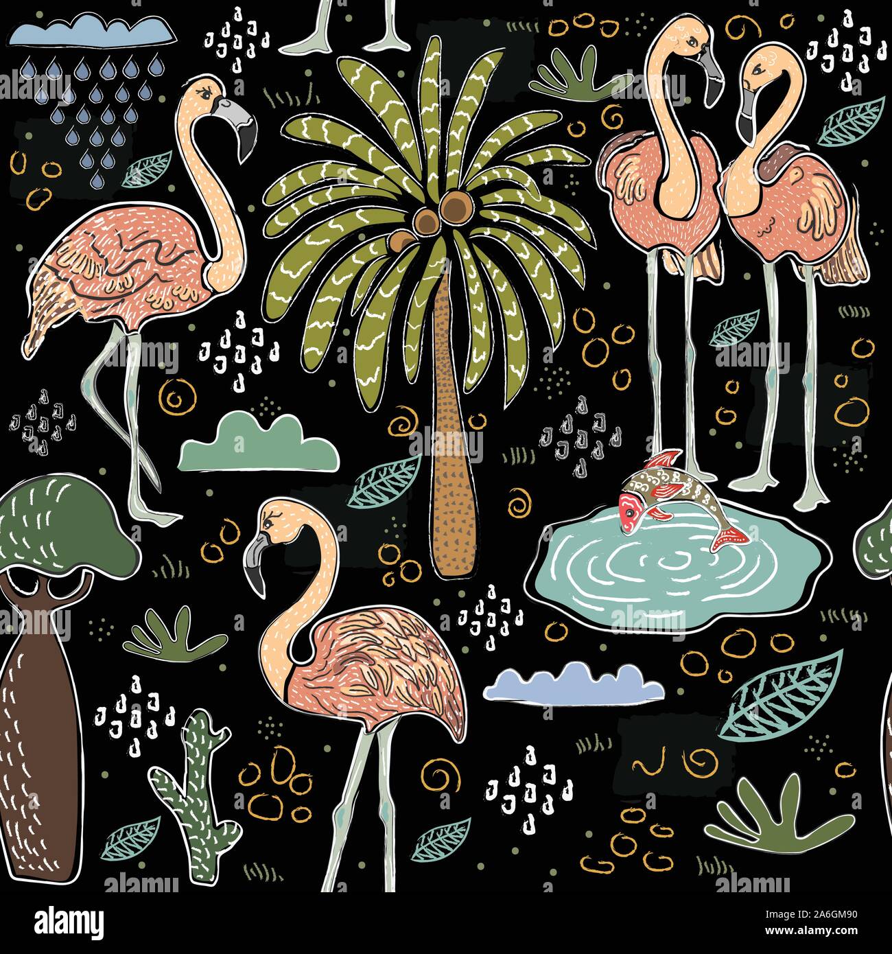 Seamless Pattern with Cute Hand Drawn Flamingo. Scandinavian Style ...