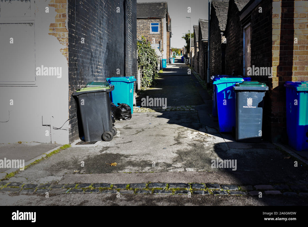 Discarded rubbish and overflowing bins in the back streets of Fenton