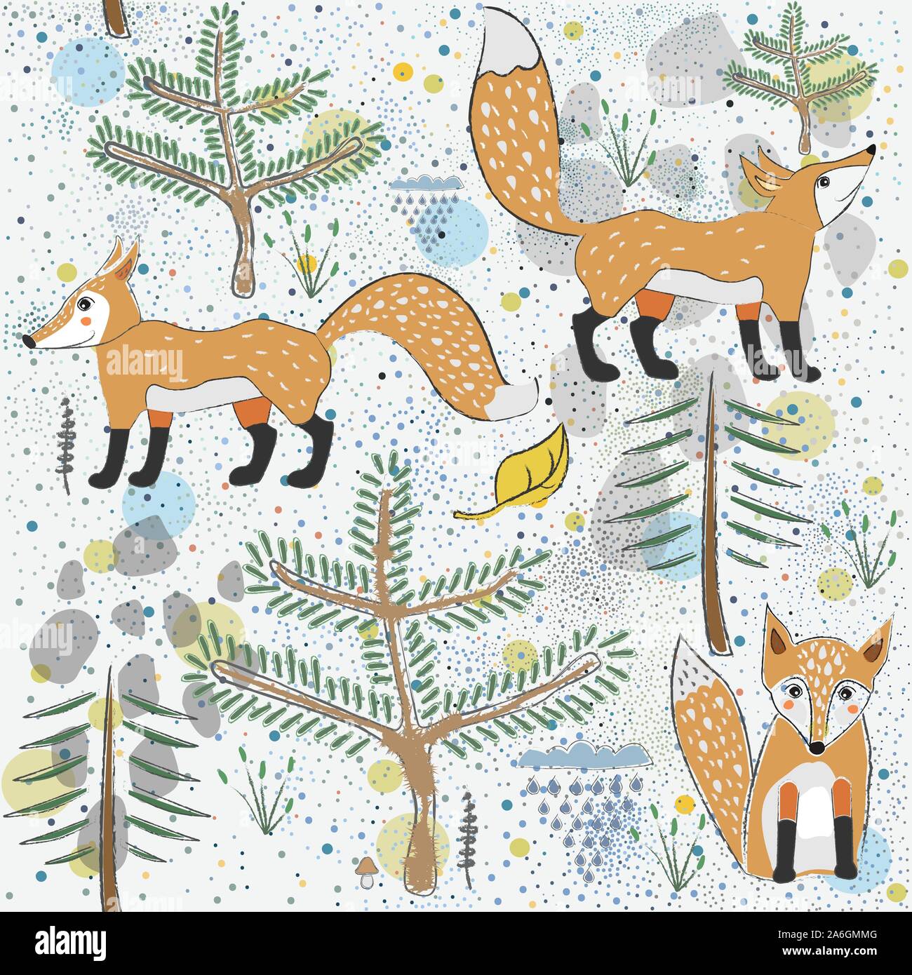 Seamless Pattern with cute Foxes. Scandinavian Style. Stock Vector