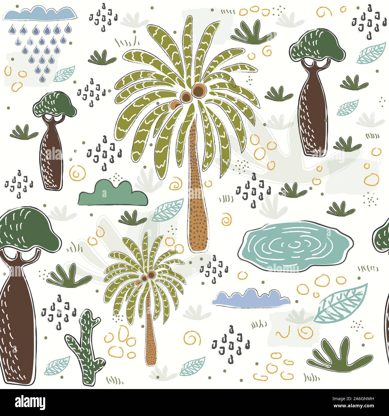 Seamless Pattern with Palms, baobabs, ponds. Scandinavian Style. Vector Illustration Stock Vector