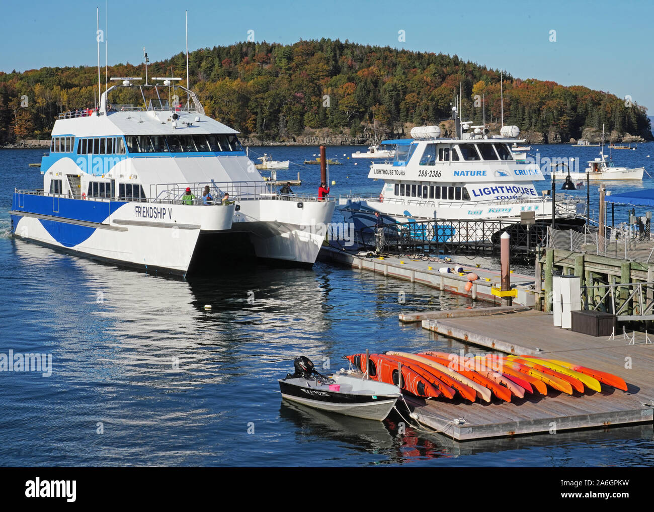 Tour boats at Bar Harbor, Maine, that cruise the Porcupine Islands and Frenchman Bay. Stock Photo