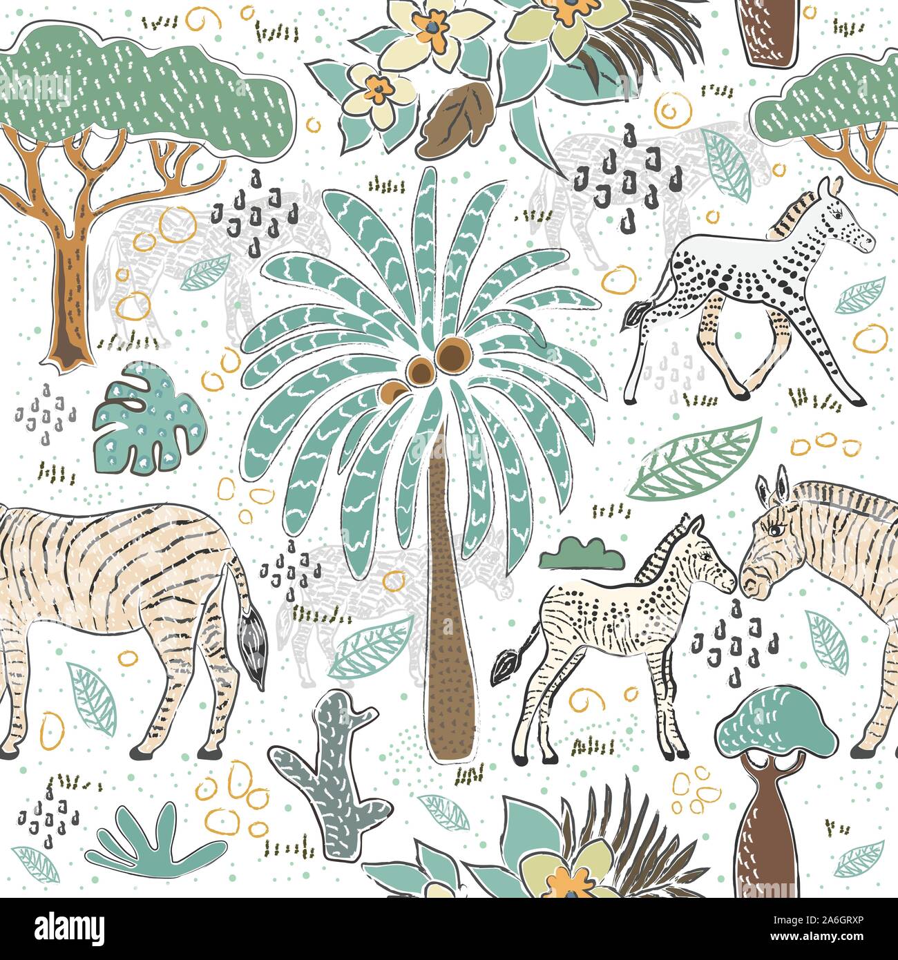 Seamless Pattern With Cute Hand Drawn Zebras. Scandinavian Style ...