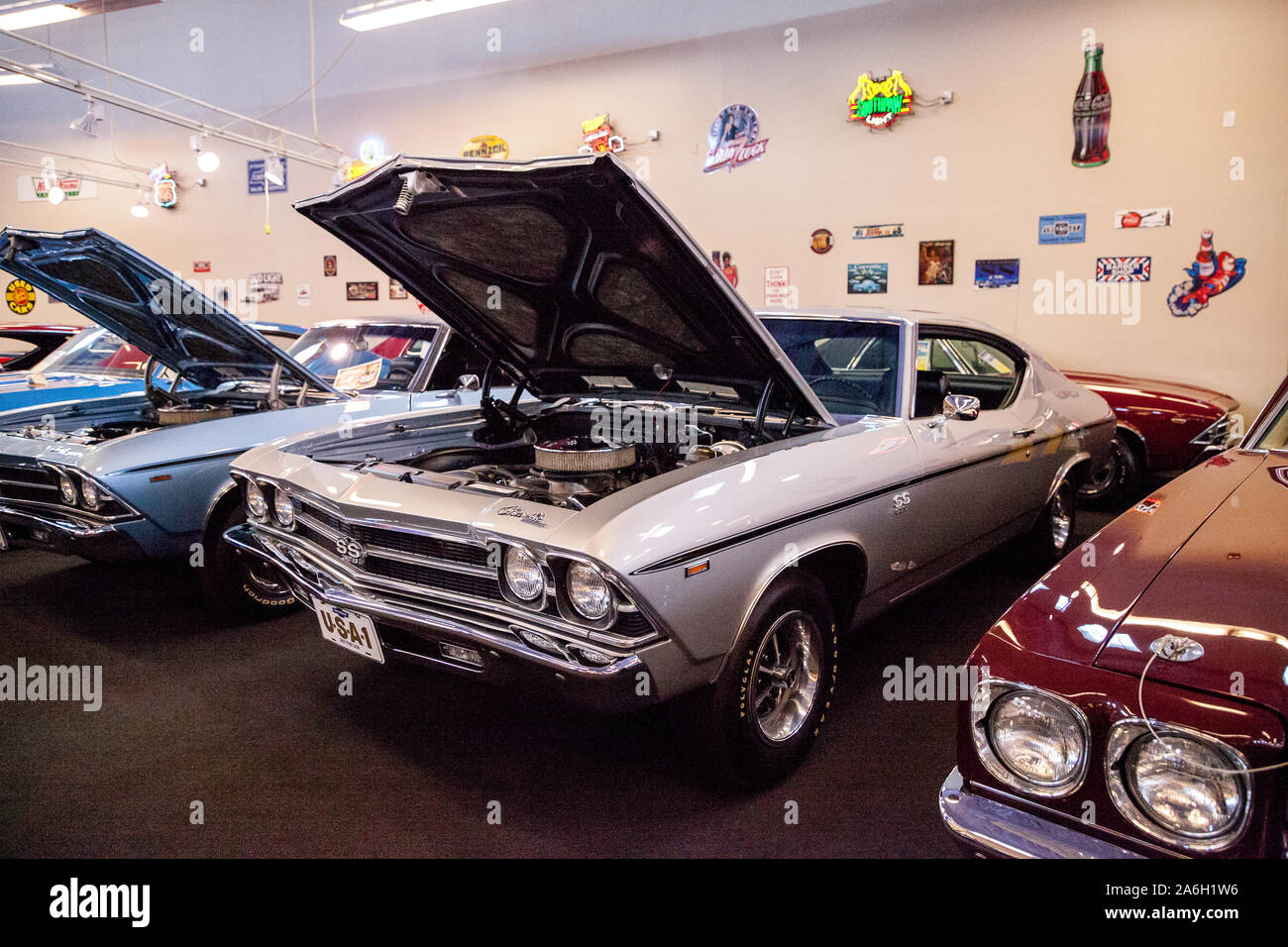 Punta Gorda, Florida, USA – October 13, 2019: Silver 1969 Chevrolet Chevelle SS displayed at the Muscle Car City museum. Editorial Use Stock Photo