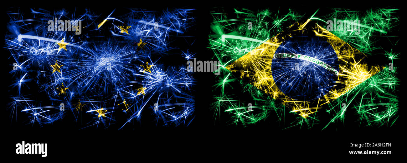 Eu, European union vs Brazil, Brazilian new year celebration sparkling fireworks flags concept background. Combination of two states flags. Stock Photo