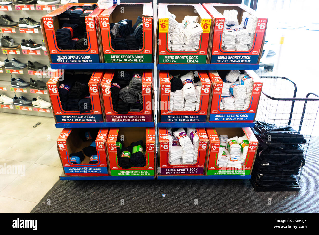 Various socks including sport socks and formal socks for sale at Sports  direct Stock Photo - Alamy