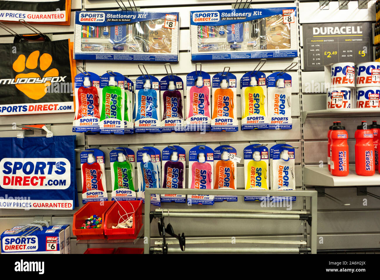 Water bottles, and containers for fluids for sale at Sports direct store in Stoke on Trent, Sports retailer Stock Photo