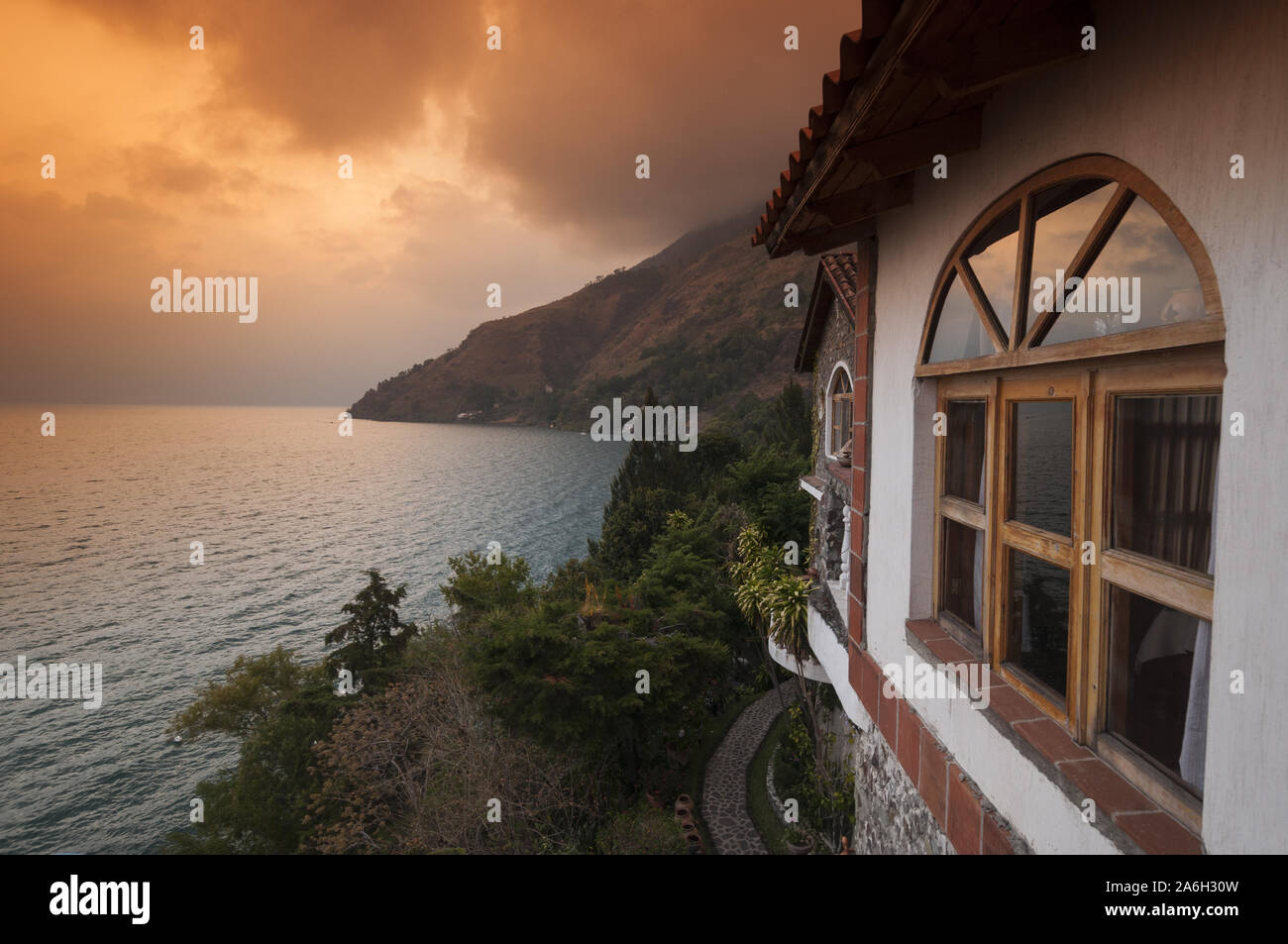 Guatemala, Lake Atitlan, Jaibalito, La Casa del Mundo, lake view from