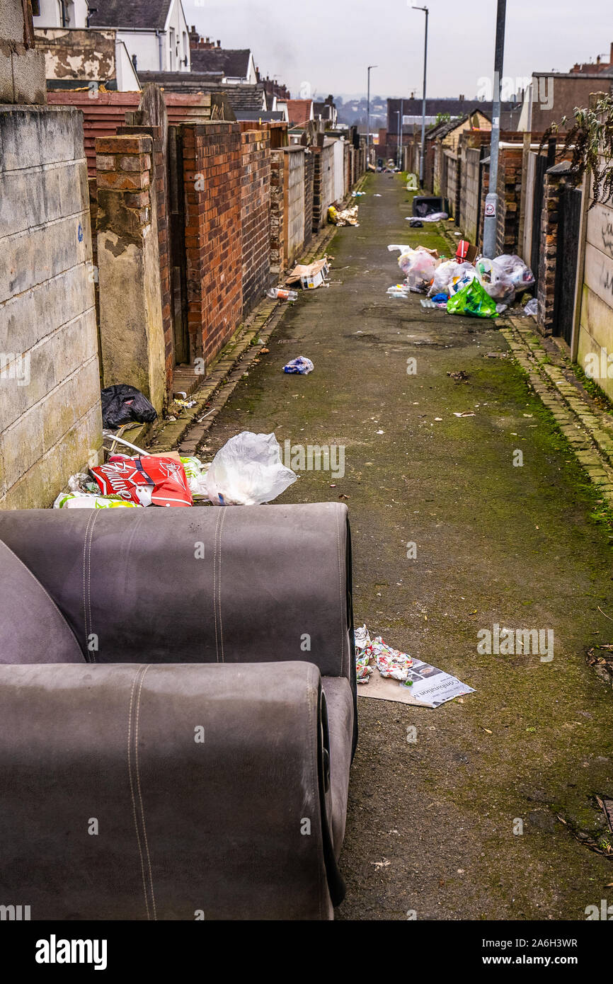 Rubbish and fly tipping dumped in the back alleys of the poverty