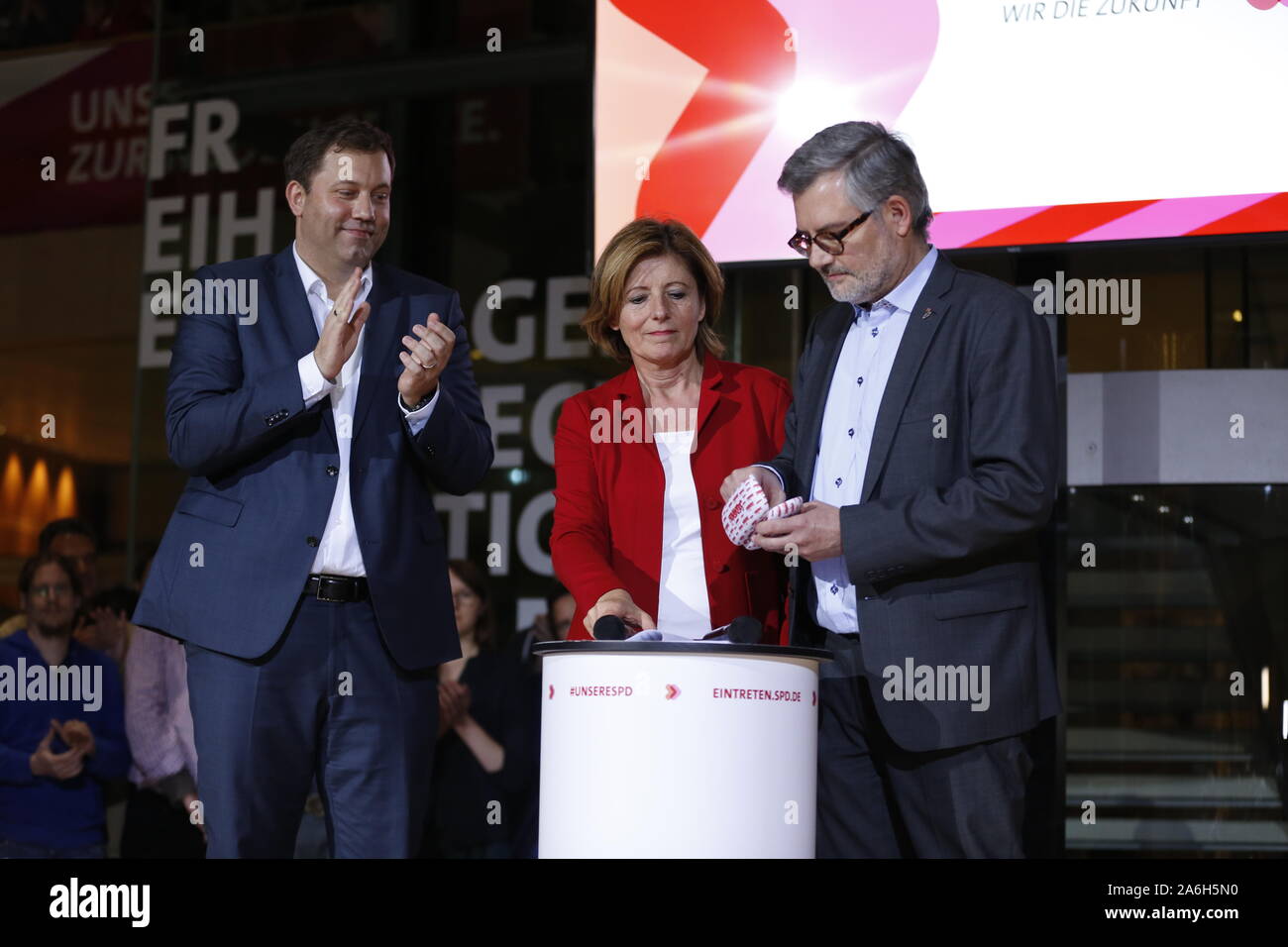 Berlin, Germany. 26th Oct, 2019. The SPD members elect Federal Finance Minister Olaf Scholz and Klara Geywitz just ahead of Norbert Walter-Borjans and Saskia Esken for the SPD presidency. The race for the SPD presidency goes into the runoff election in November: the two candidates will then be elected at the party congress. (Photo by Simone Kuhlmey/Pacific Press) Credit: Pacific Press Agency/Alamy Live News Stock Photo