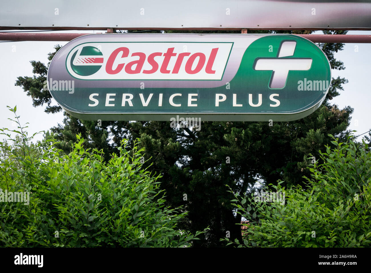BELGRADE, SERBIA - MAY 26, 2019: Castrol logo on their main retailer for Belgrade. Castrol is a British brand of motor and auto oil and maintenance pr Stock Photo