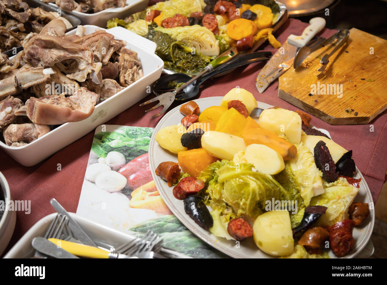 Cozido à portuguesa or Portuguese boiled dinner is a type of cozido, traditional Portuguese stew. Numerous regional variations exist throughout Portug Stock Photo