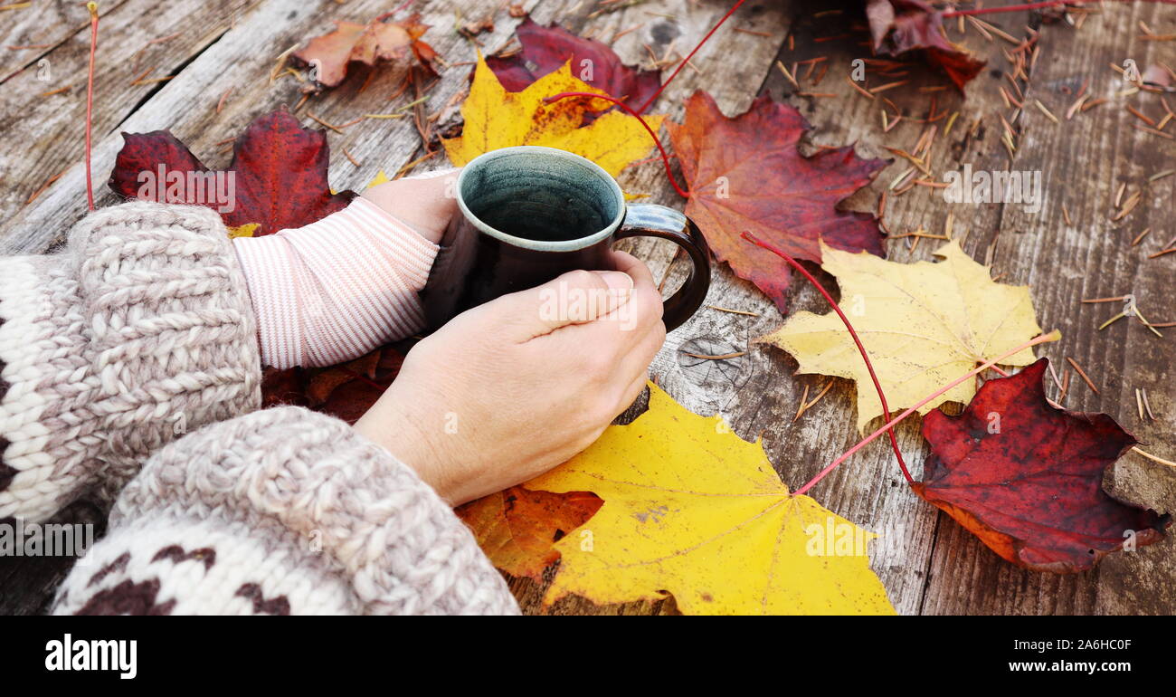 two hands holding a mug on a table scattered with colourful autumn maple leaves, left wrist wrapped in a compression bandage.  oversize wool sweater Stock Photo