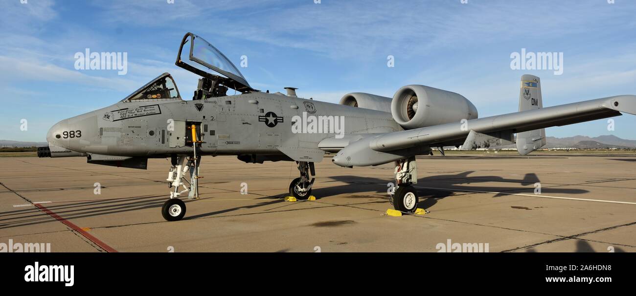 Tucson, USA - March 2, 2018: An Air Force A-10 Warthog/Thunderbolt II attack jet with an open canopy at Davis Monthan Air Force Base. Stock Photo
