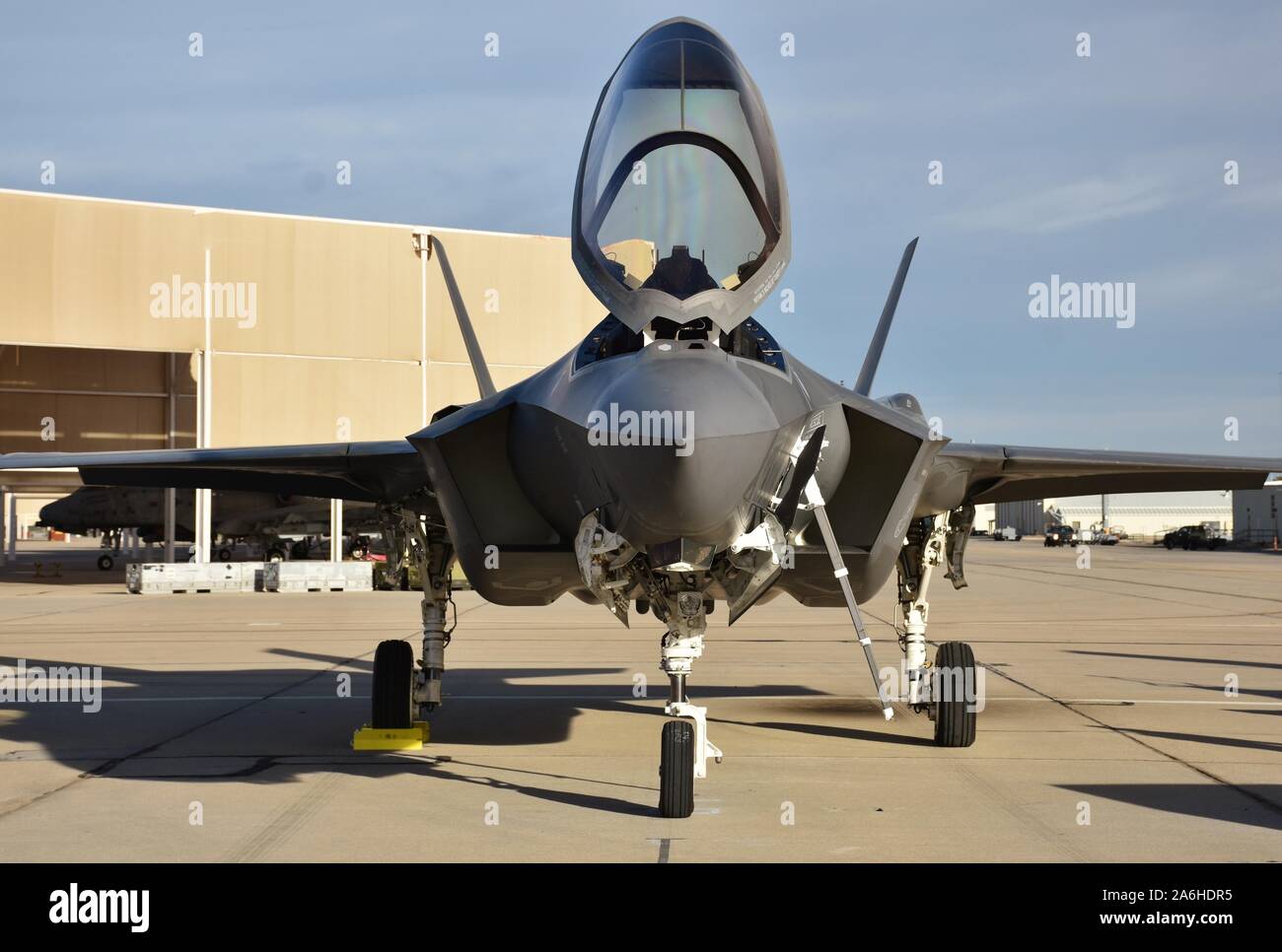 Tucson, USA - March 2, 2018: A U.S. Air Force F-35 Joint Strike Fighter (Lightning II) jet at Davis Monthan Air Force Base with the canopy up. Stock Photo