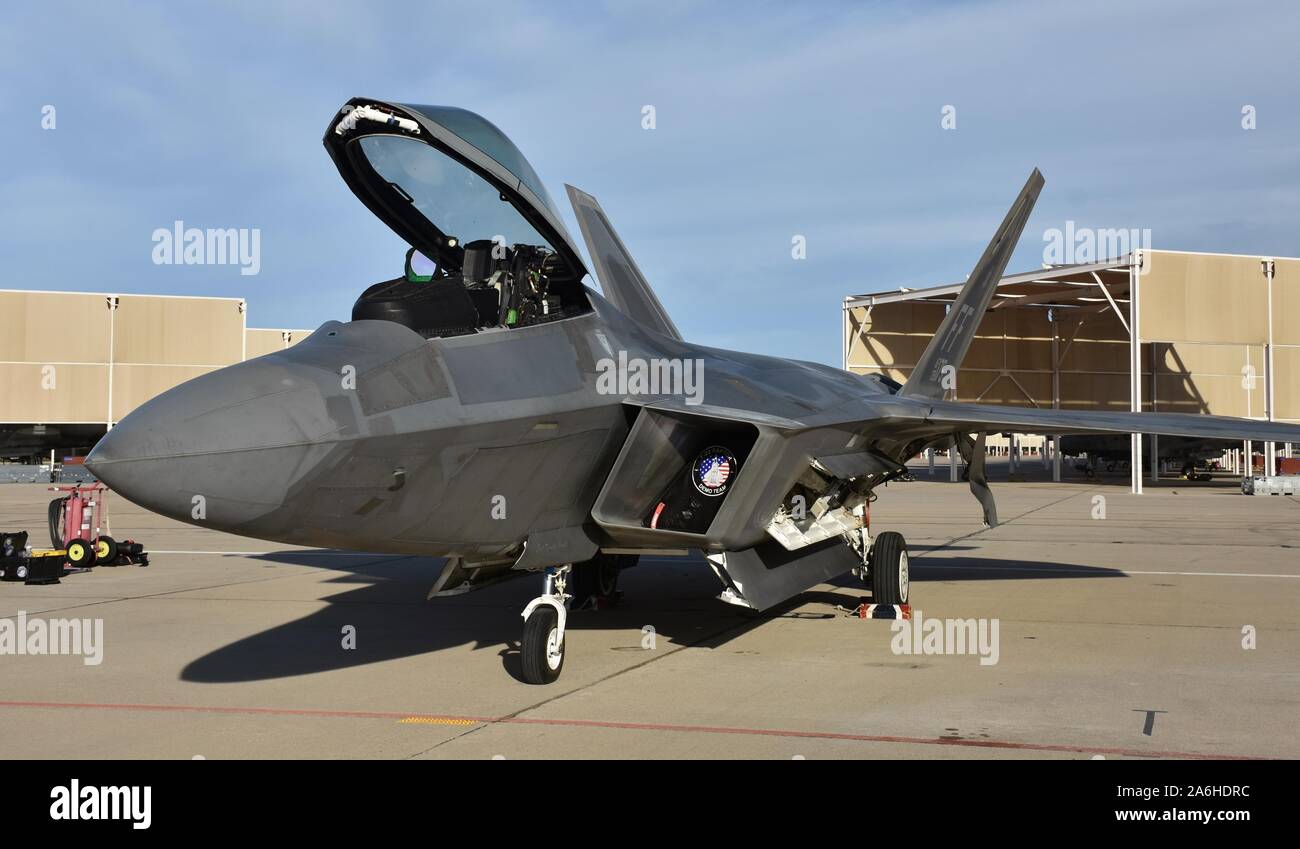 Tucson, USA - March 2, 2018: An Air Force F-22 Raptor fighter jet with the canopy up at Davis-Monthan Air Force Base. Stock Photo