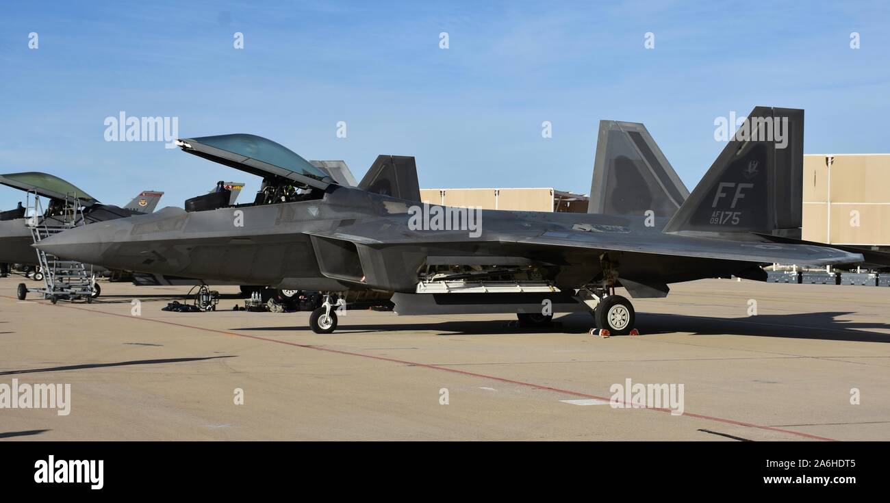 Tucson, USA - March 2, 2018: An Air Force F-22 Raptor fighter jet with the canopy up at Davis-Monthan Air Force Base. Stock Photo