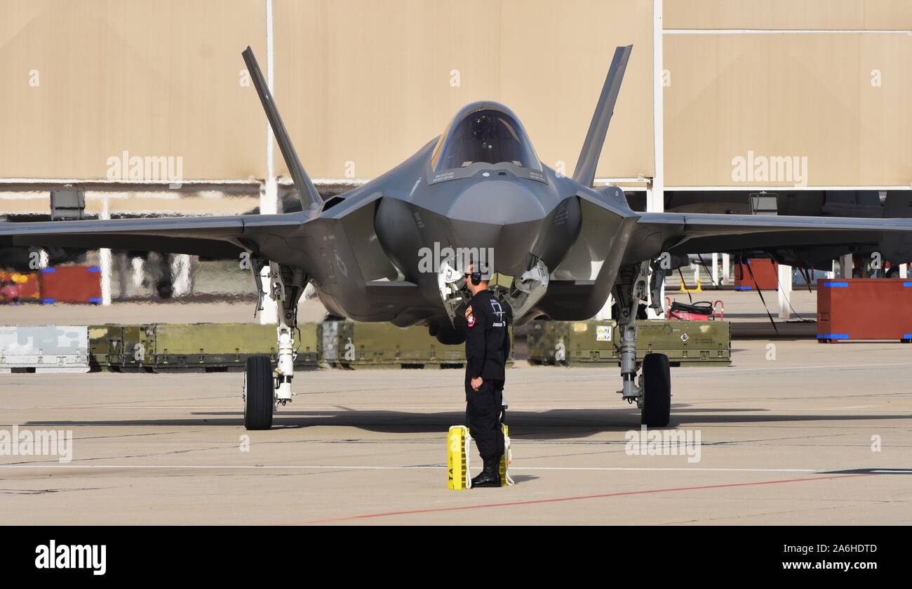 Tucson, USA - March 2, 2018: A U.S. Air Force F-35 Joint Strike Fighter (Lightning II) preparing for takeoff at Davis Monthan Air Force Base. Stock Photo