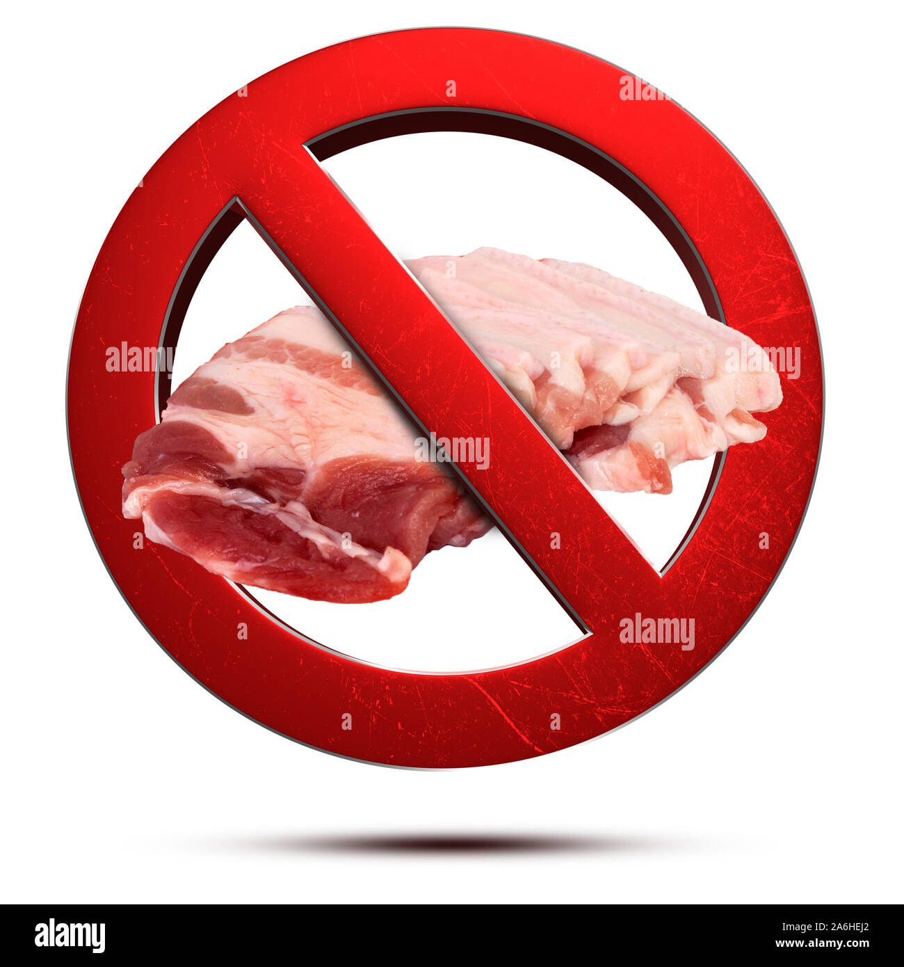Prohibition of eating pork 3d rendering on white background.(with Clipping Path). Stock Photo