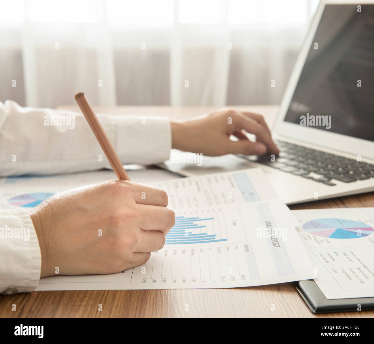 Businessmen are analyzed data from report and a laptop computer. Stock Photo
