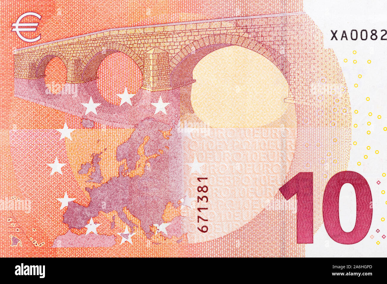 Macro details of new ten euro banknote. Stock Photo