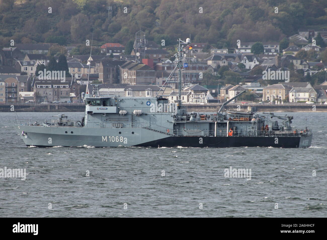 FGS Datteln (M1068), a Frankenthal-class (Type 332) minehunter operated by the German Navy, passing Gourock during Exercise Joint Warrior 14-2. Stock Photo