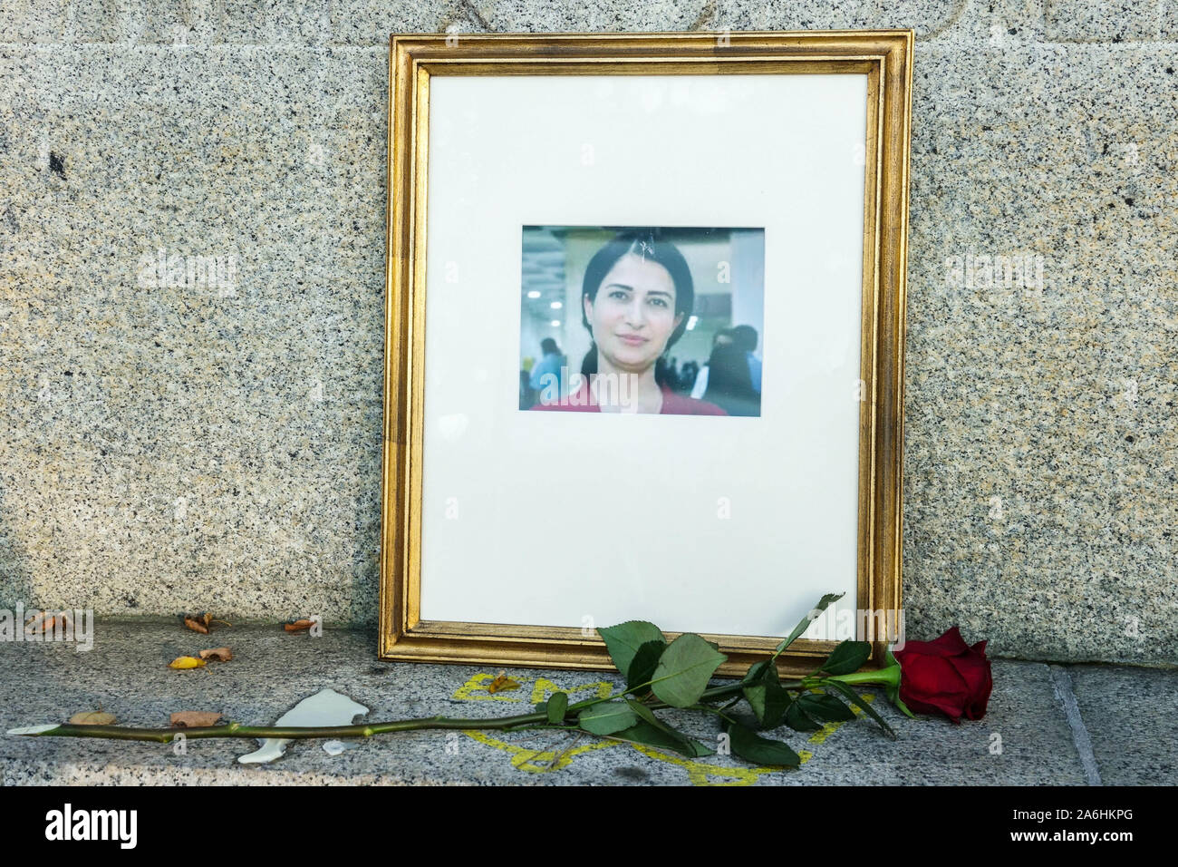 Hevrin Khalaf, street in Prague, a portrait of murdered Kurdish woman, politician, Turkish killers, Turkish killer Erdogan Stock Photo