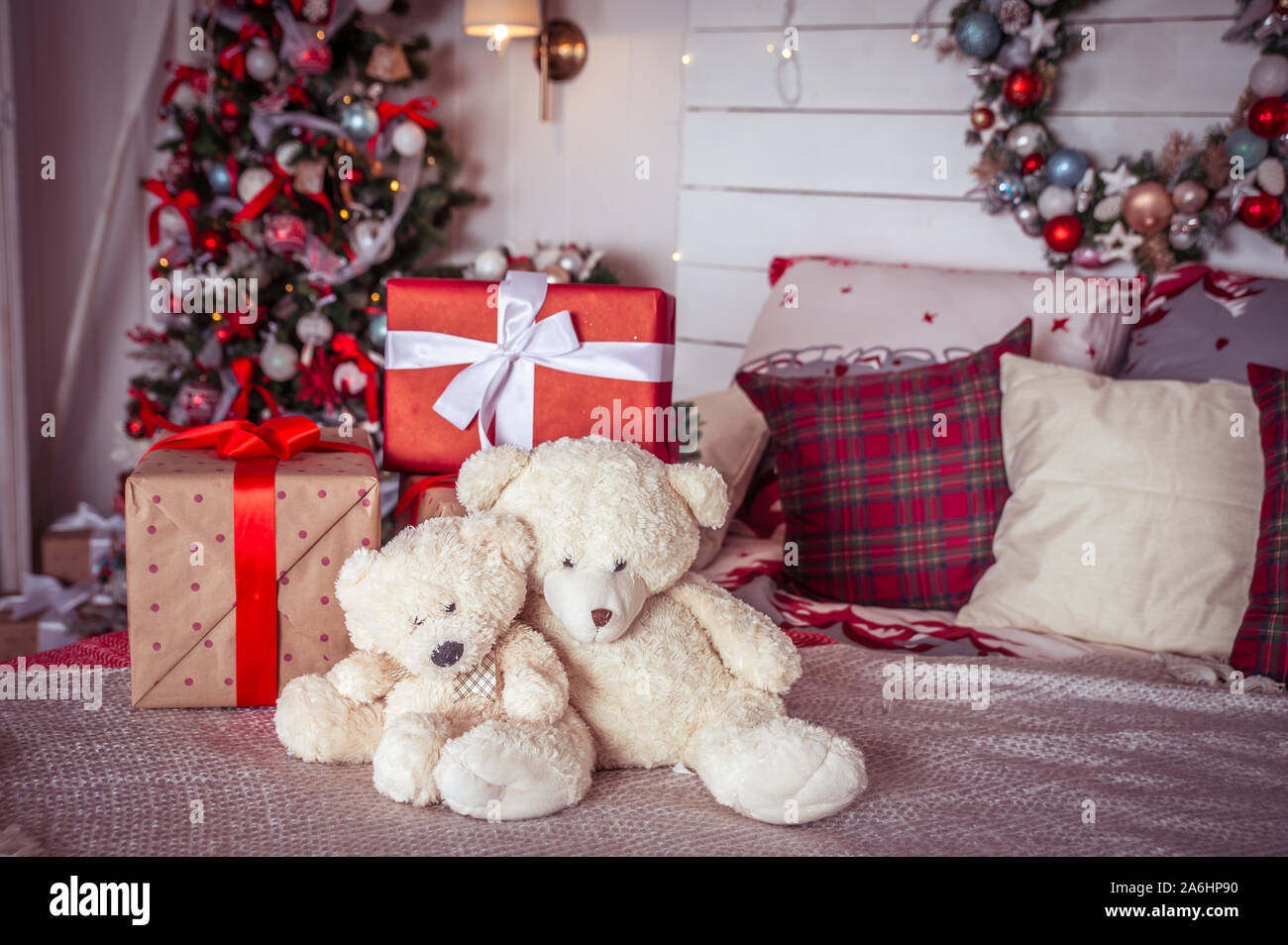 New Year's decorated kids room, gifts and toys, Christmas mood Stock