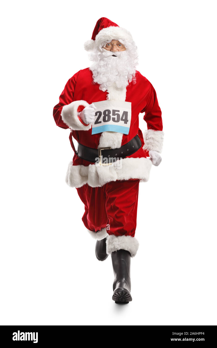 Full length portrait of Santa Claus running with a race number on his chest isolated on white background Stock Photo