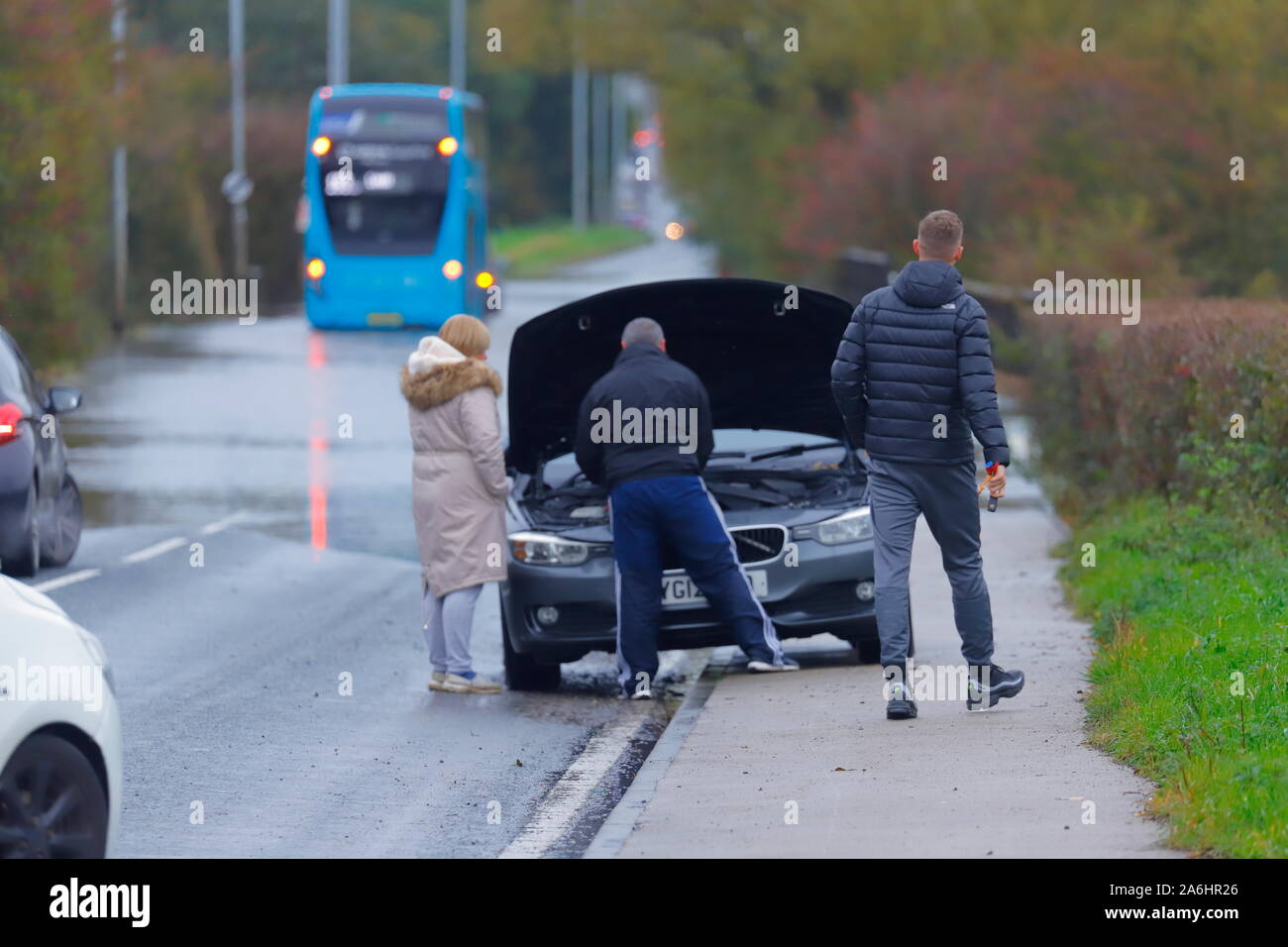 26th October 2019, Castleford,West Yorkshire,UK _ Motorists risk driving through Barnsdale Road floods after 24 hours of heavy rainfall. Stock Photo