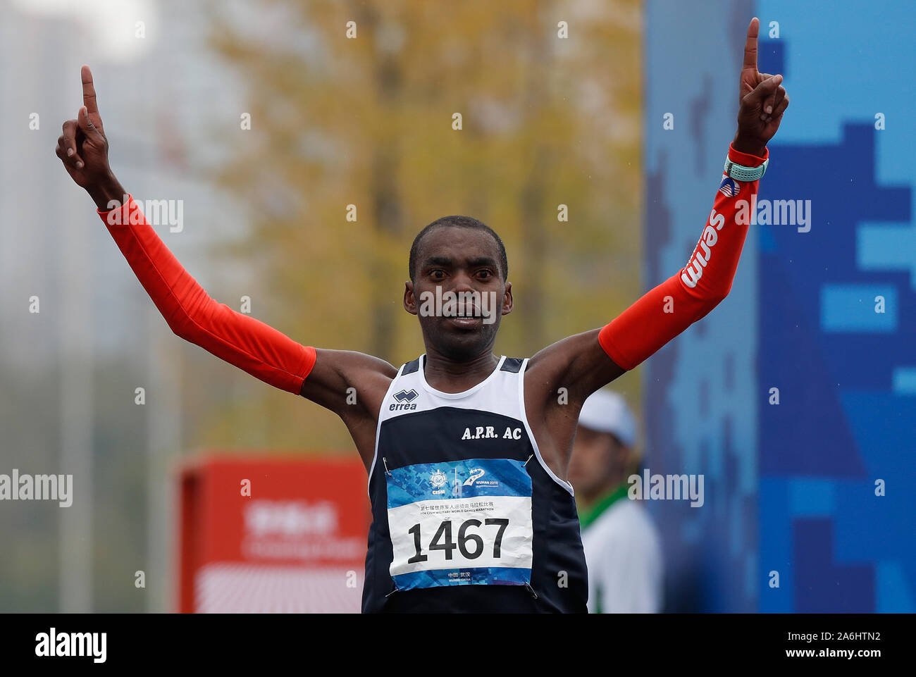 Wuhan, China. 27th Oct, 2019. John Hakizimana of Rwanda reacts after the  men's marathon individual final of track and field at the 7th CISM Military  World Games in Wuhan, capital of central