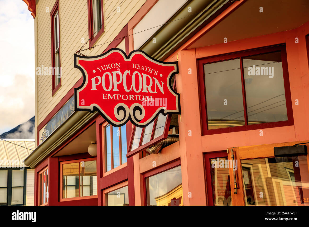Popcorn Emporium sign in Skagway Alaska Stock Photo