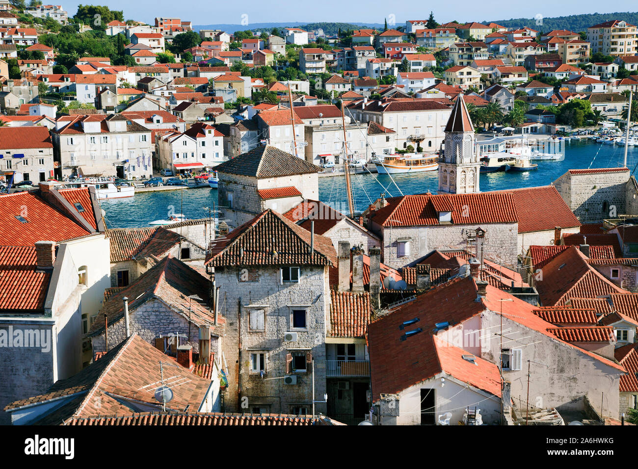 Panoramic view of the downtown and port of Trogir town, Croatia Stock Photo