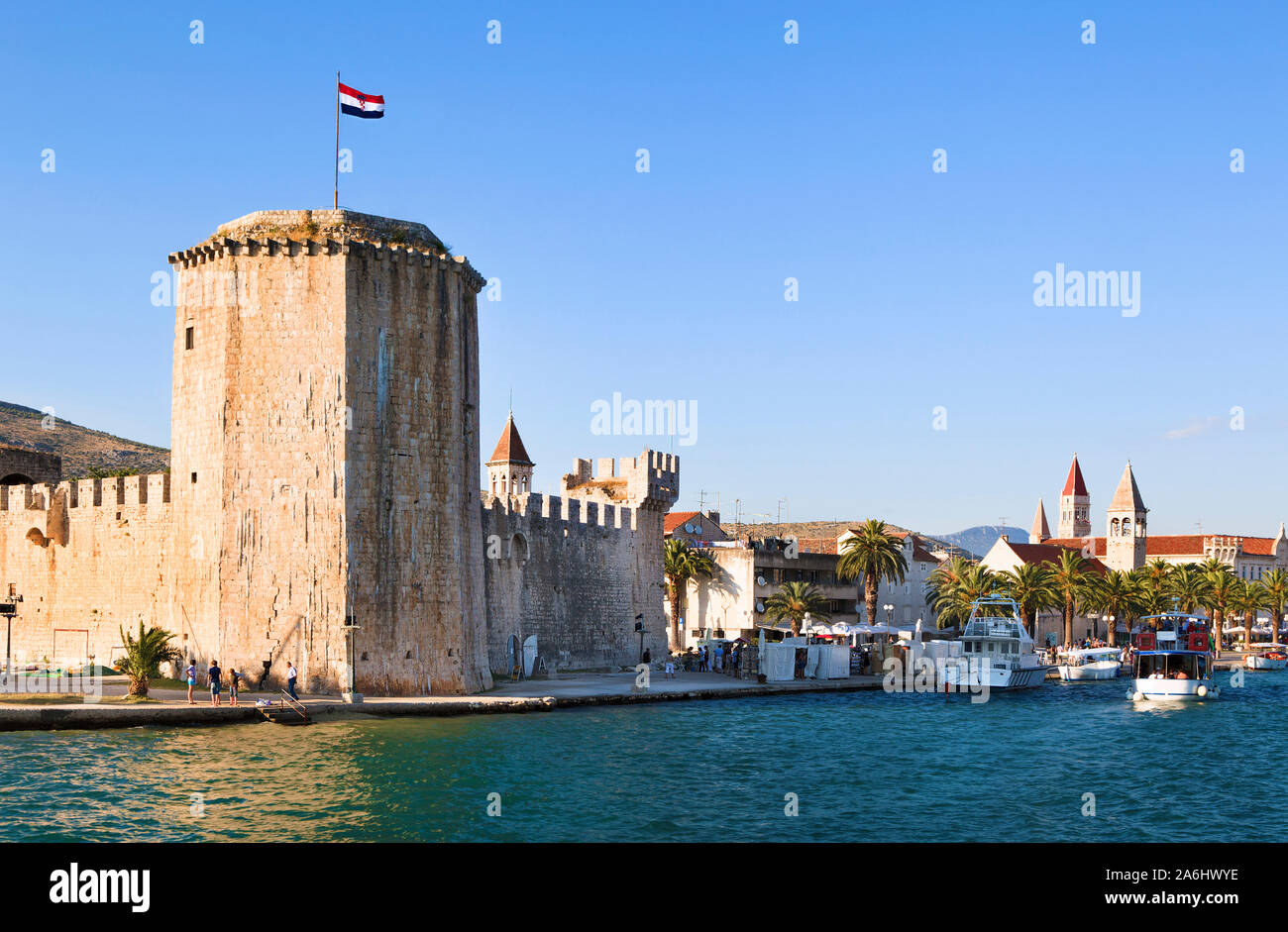 View of the tower of Kamerlengo castle and the Marina of the old Croatian town of Trogir, Dalmatia region, Croatia Stock Photo