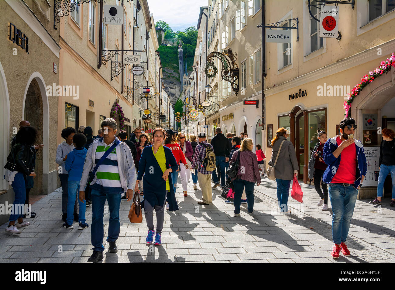 The Getreidegasse , famous shopping street in the Salzburg’s Old City ...