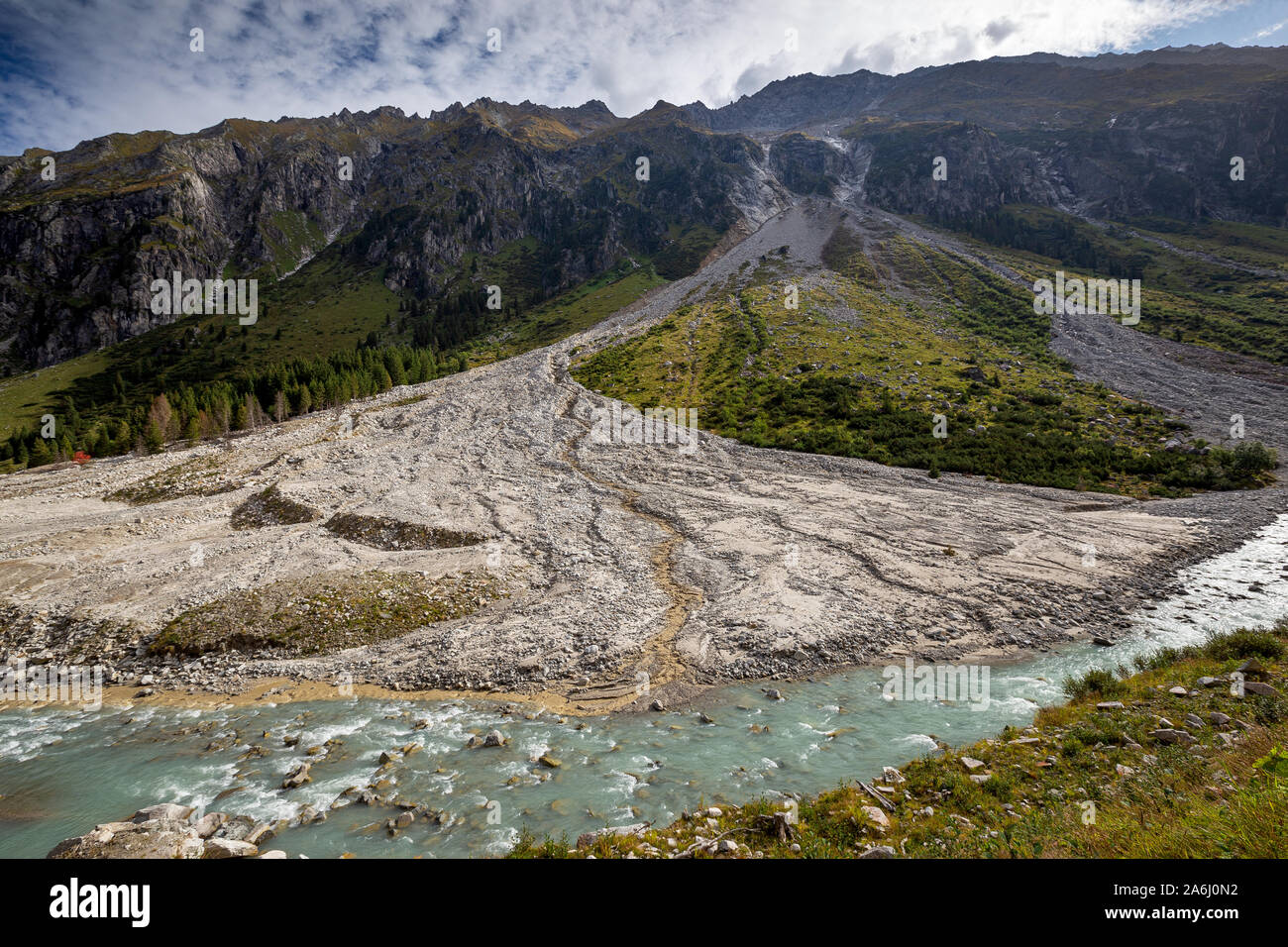 Debris flow, the 'Sattelkar'. Obersulzbach river. Obersulzbachtal. Venediger group. Hohe Tauern National Park. Austrian Alps. Stock Photo