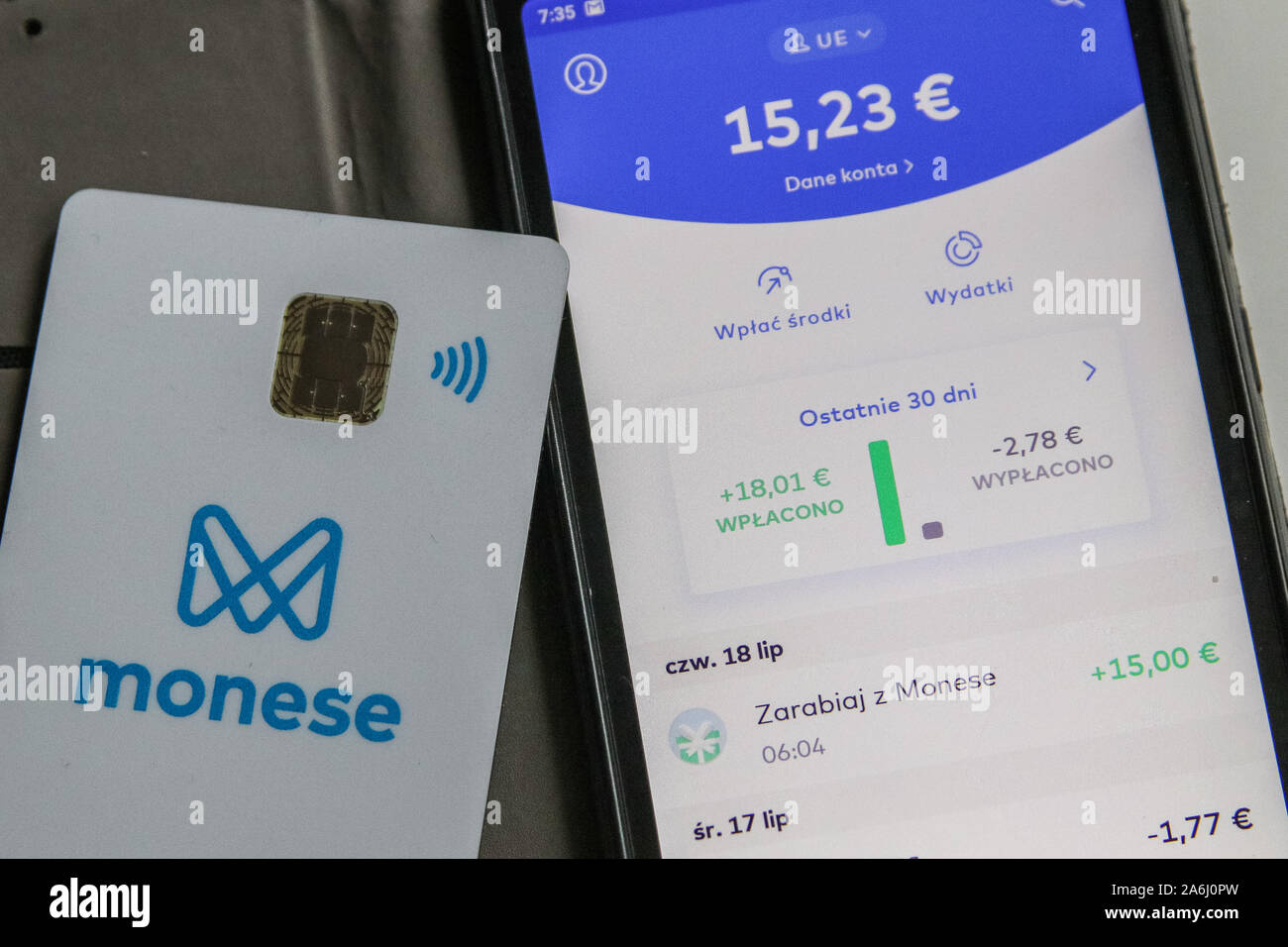 Monese Mastercard contactless card and Android smartphone application (Monese app) is seen in Gdansk, Polandon 24 July 2019 Monese in Poland reached 30.000 active users. Monese offers Euro and GBP accounts, cards, currency exchange in few plans inc. free. © Michal Fludra / Alamy Live News Stock Photo