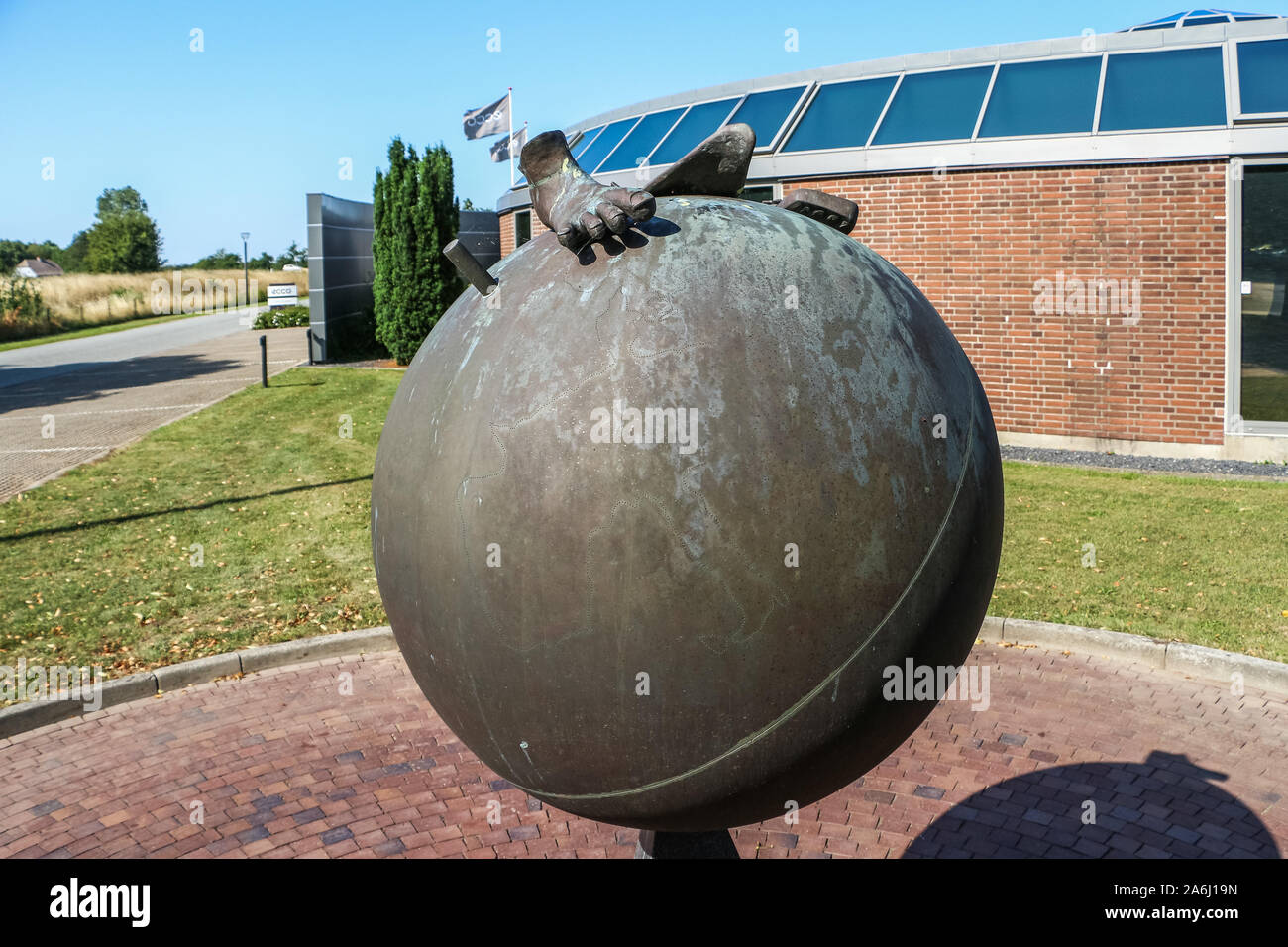 A sculpture outside the ECCO Sko A/S a Danish shoe manufacturer and  retailer head office is seen in Bredebro, Denmark on 26 July 2019 ECCOÕs  products are sold in 99 countries from