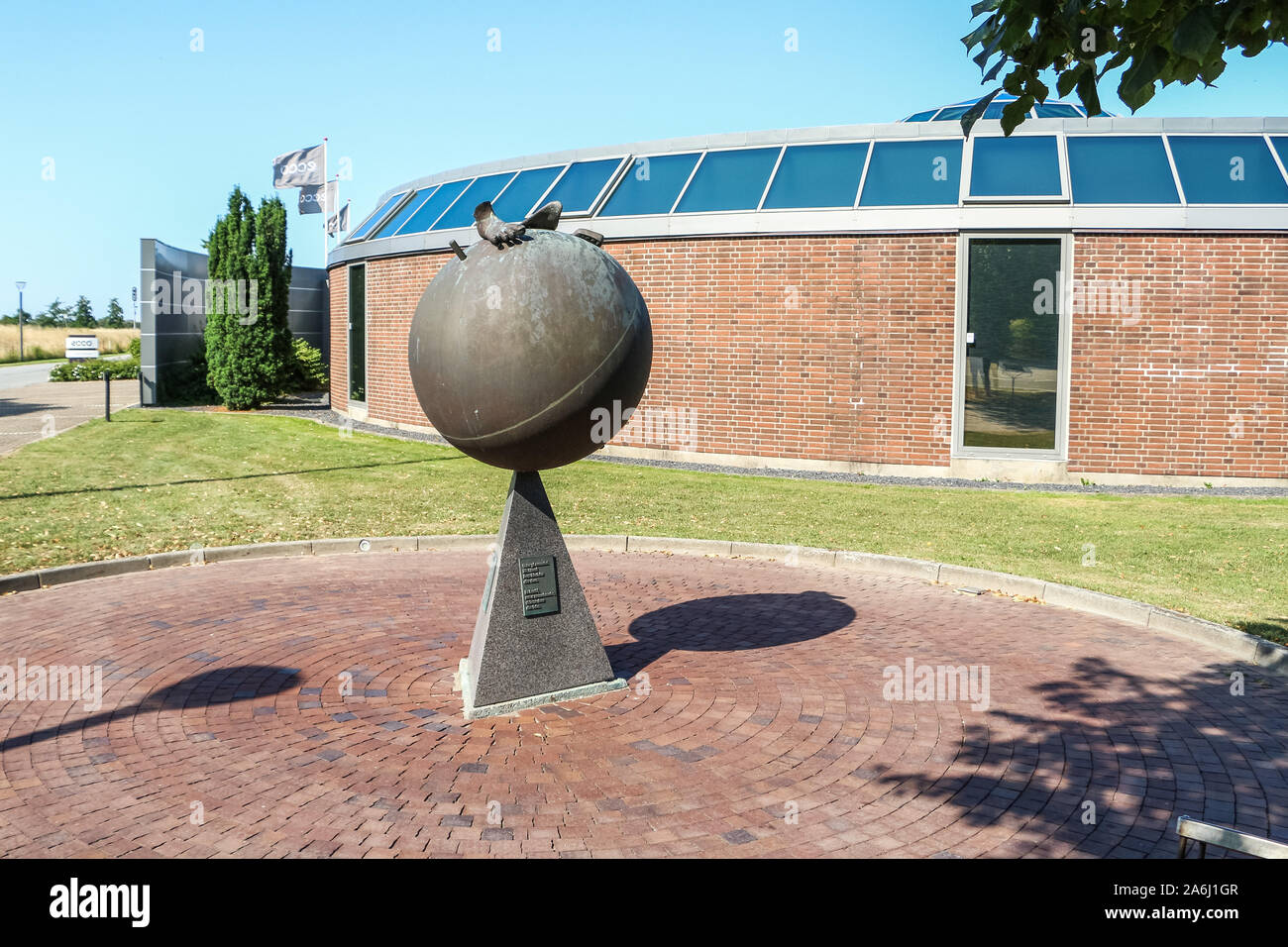 A sculpture outside the ECCO Sko A/S a Danish shoe manufacturer and retailer head is seen Bredebro, Denmark on 26 July 2019 ECCOÕs products are in 99 countries from