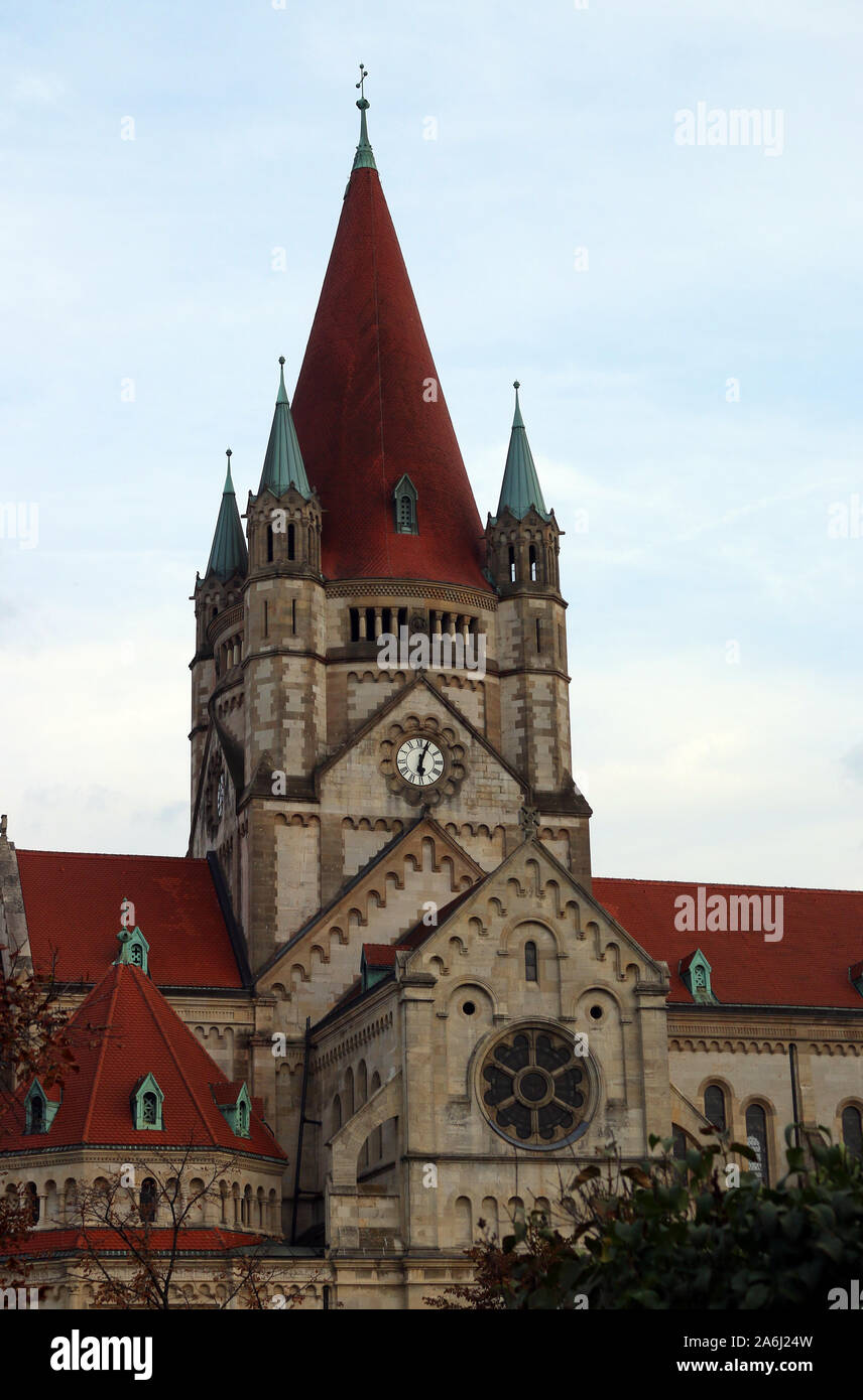 Saint Francis of Assisi Church clock and towers Vienna Austria Stock