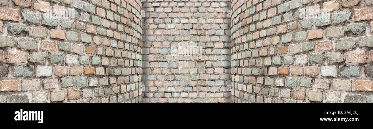 No way out, dead end concept. Curved side stonewalls, exit blocked, built with stones, banner, copy space Stock Photo