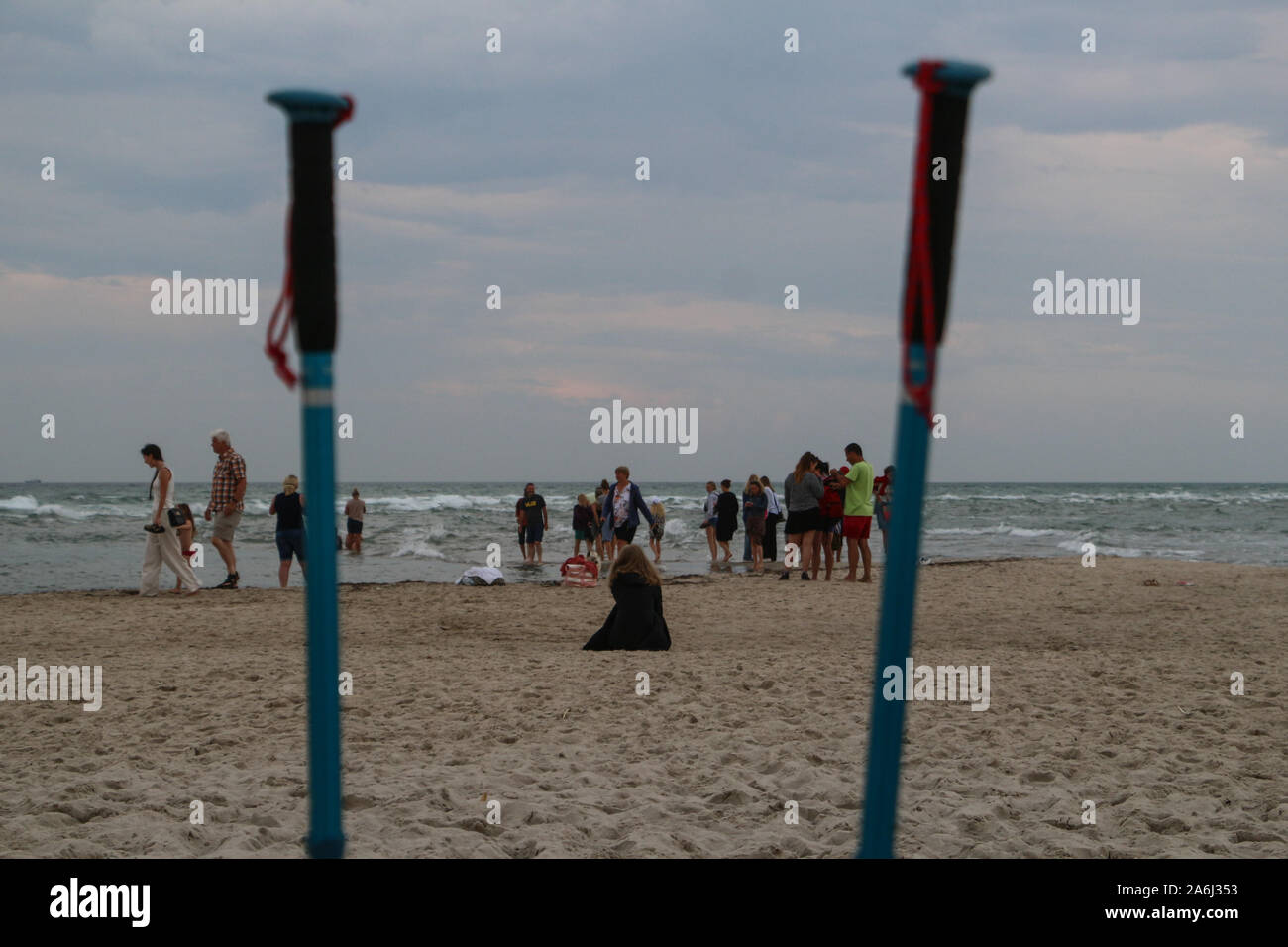 Grenen the point where the North Sea and the Baltic sea collide is seen in Skagen, Denmark on 28 July 2019 People visit the place and stand with one leg in each sea, watching the waves arriving from each direction until, finally, they meet. © Michal Fludra / Alamy Live News Stock Photo