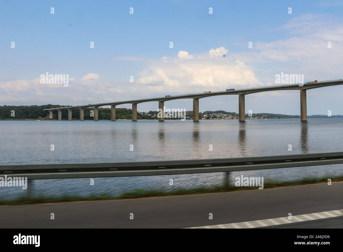 Vejle Fjord Bridge ( Vejlefjordbroen) is seen in Vejle , Denmark on 30 July 2019 The bridge over the Vejle Fiord is 1712 m long, the longest span is 110 m, and the maximum clearance to the sea is 40 m.  © Michal Fludra / Alamy Live News Stock Photo