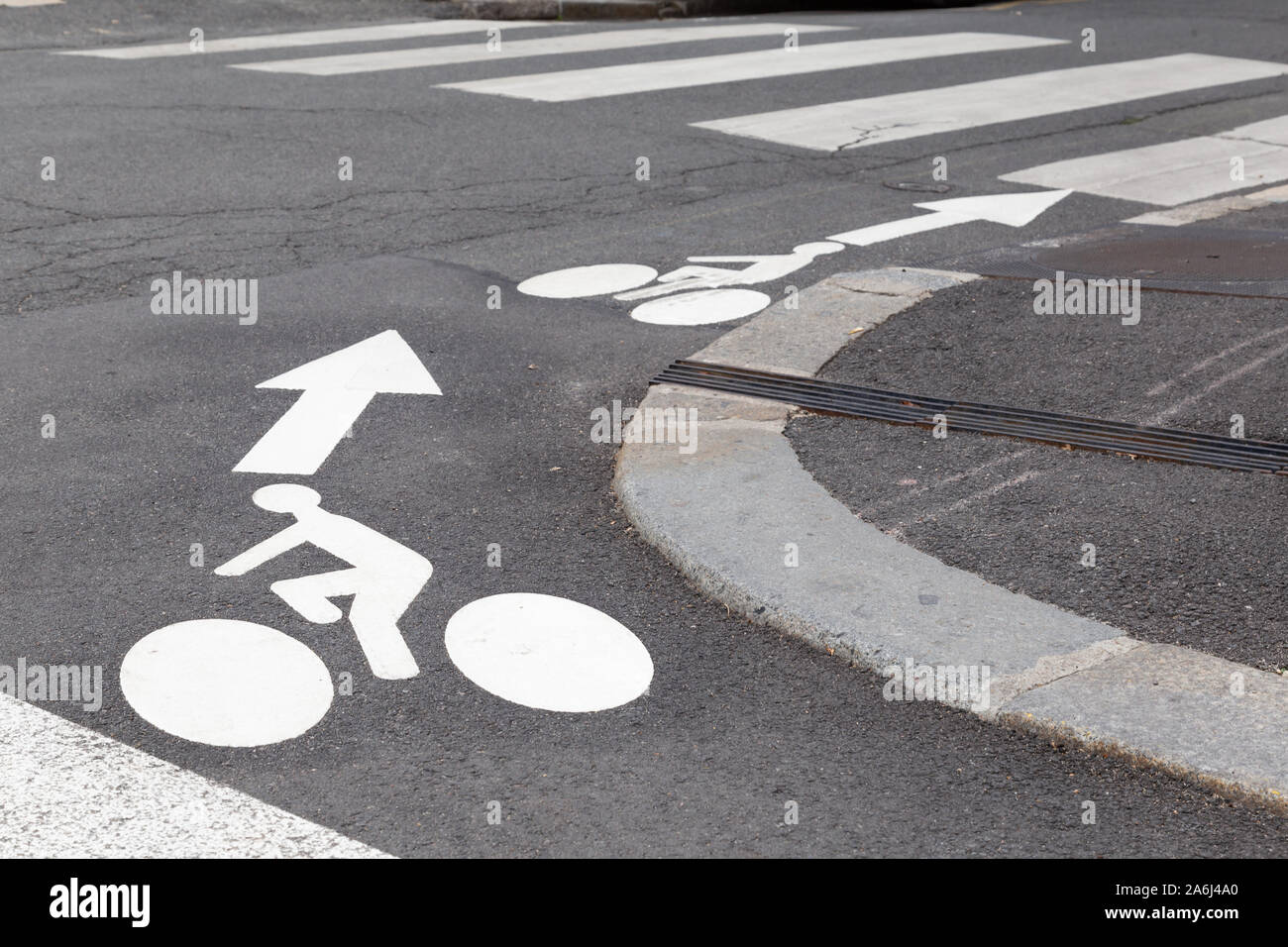 Bicycle trail sign for cyclist in the streets of center of Orleans following the touring circuit along the Loire in France. Stock Photo