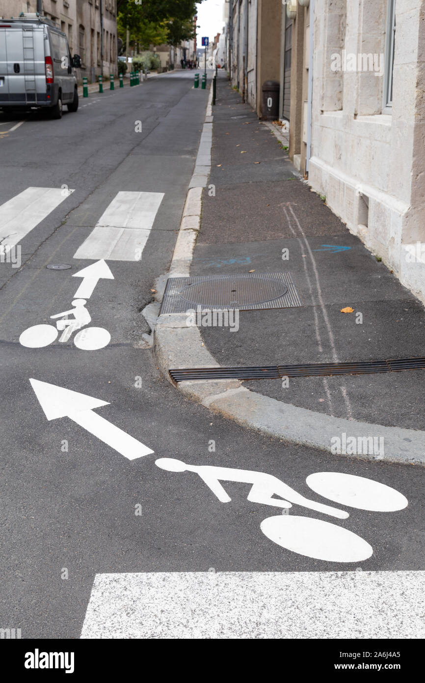 Bicycle trail sign for cyclist in the streets of center of Orleans following the touring circuit along the Loire in France. Stock Photo
