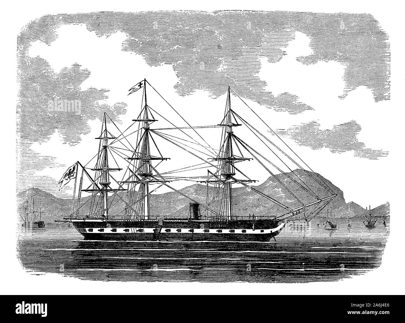 SMS Arcona German steam corvette completed in 1886, combination of steam and sail power for extended range patrol with 18 cannons Stock Photo
