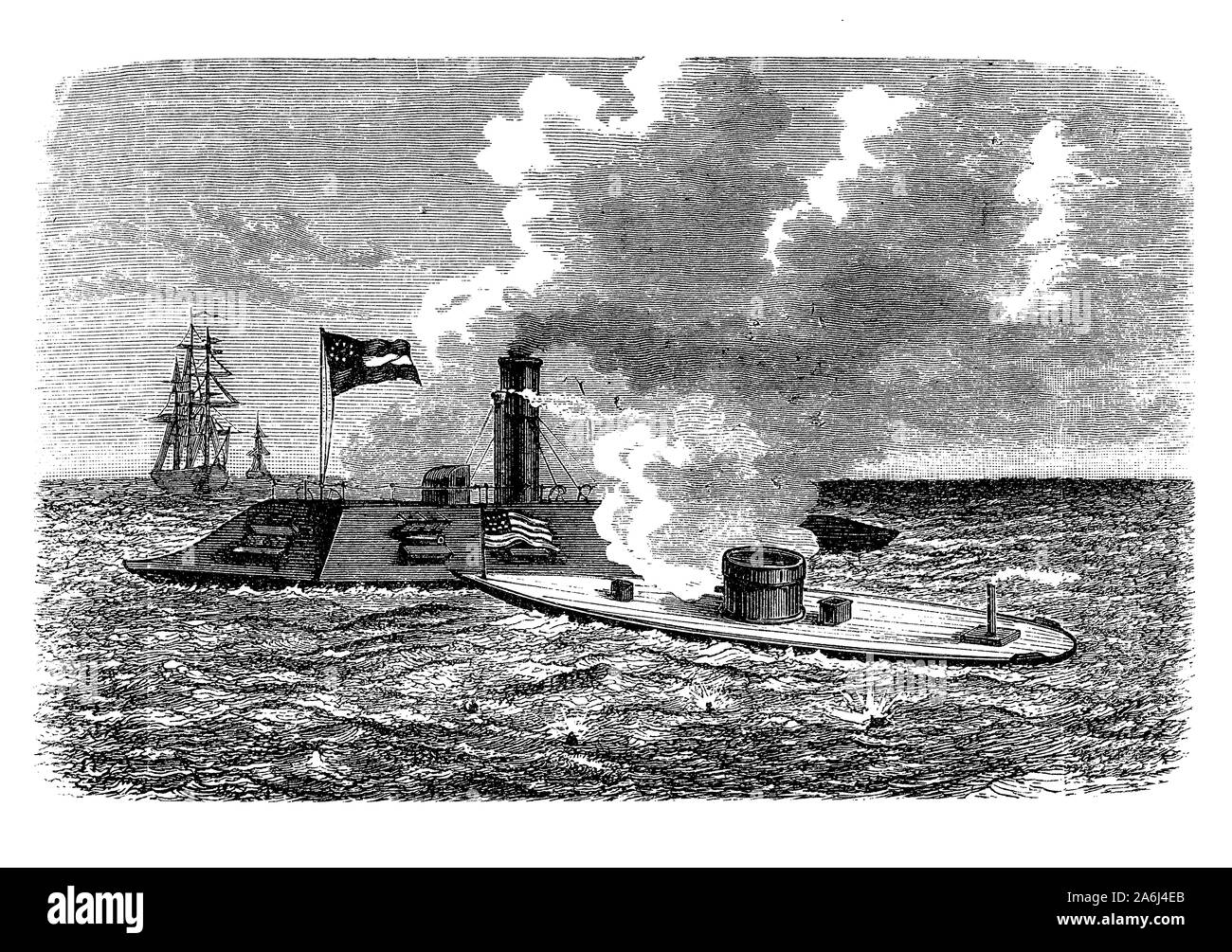 USS Merrimack steam frigate launched in 1855, captured in the American Civil War renamed CSS Virginia and used against the ironclad Monitor in the battle of Hampton Roads in 1862 Stock Photo