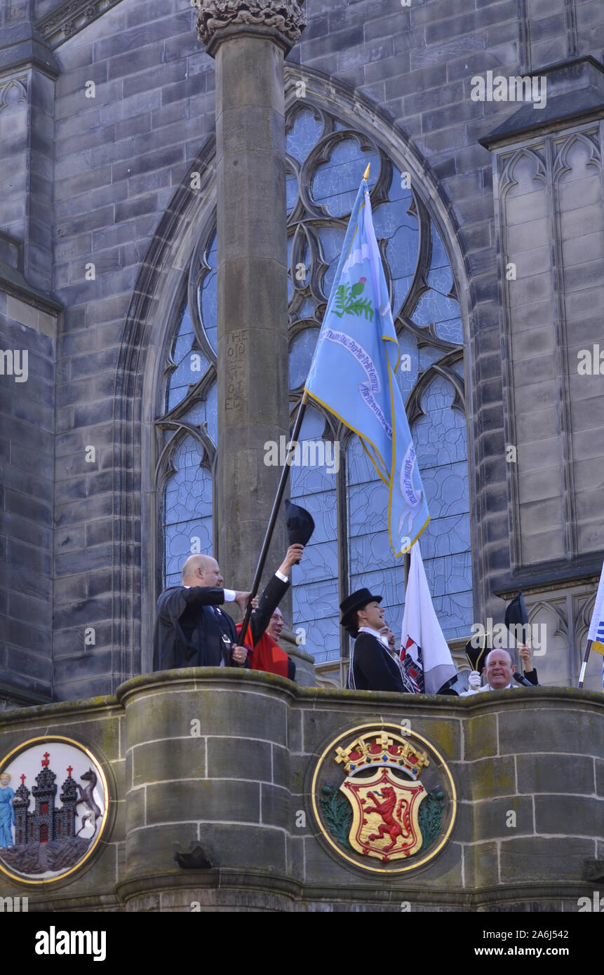 Riders and civic figures during the 2019 Riding of the Marches in Edinburgh Scotland UK. Over 250 horses and riders took part in the event. Stock Photo