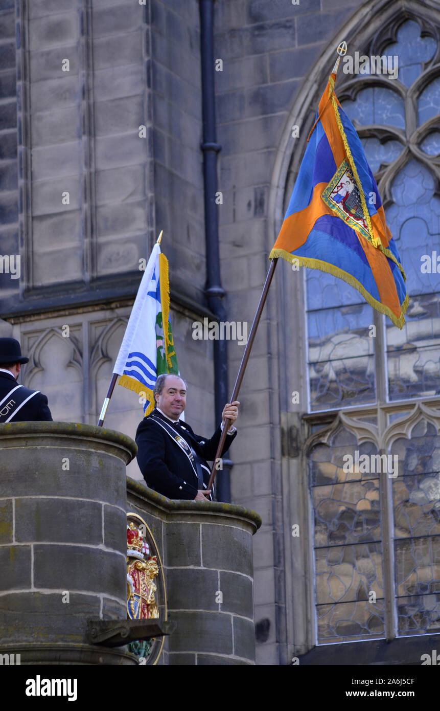 Riders and civic figures during the 2019 Riding of the Marches in Edinburgh Scotland UK. Over 250 horses and riders took part in the event. Stock Photo