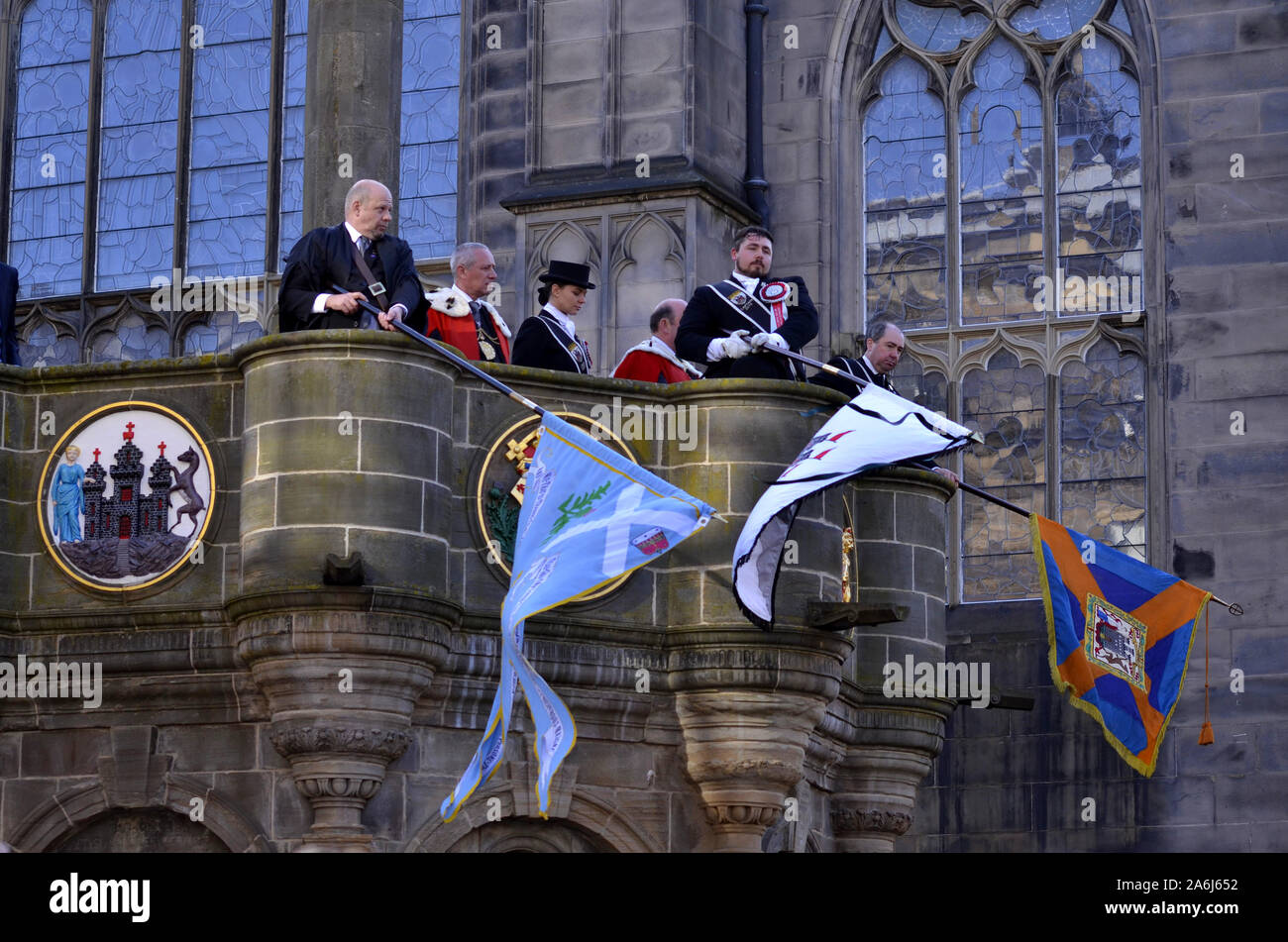 Riders and civic figures during the 2019 Riding of the Marches in Edinburgh Scotland UK. Over 250 horses and riders took part in the event. Stock Photo